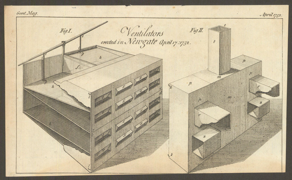 Ventilators erected in Newgate April 17. 1752. London. Gent's Mag 1752 print